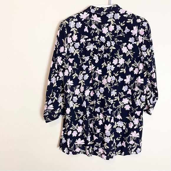 J. Jill Button Down Blouse 3/4 sleeve Top woman's size S Navy Blue Floral - Picture 7 of 8
